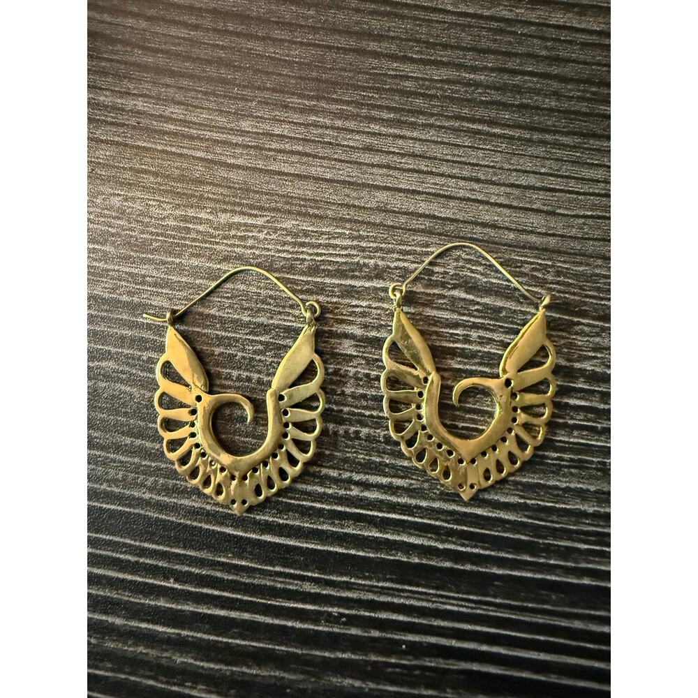Boho Brass Geometric Fan Hoop Earrings Tribal Mandala Cutout